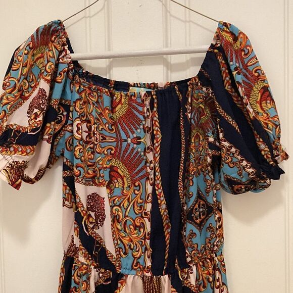 Golden Sirena Maxi Dress On/Off Shoulder, Short Sleeve, High Low Ruffled hem. - Picture 2 of 9